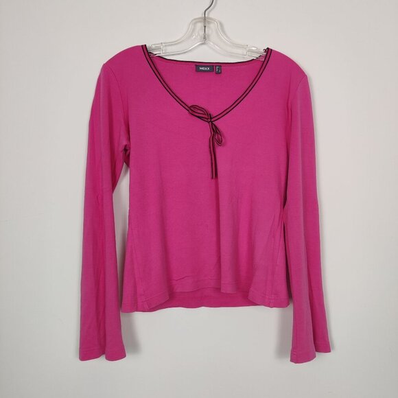 Mexx Women's Long Sleeve Top in Pink Size Large Y2K Black Ribbon Bow Detail - Picture 1 of 9